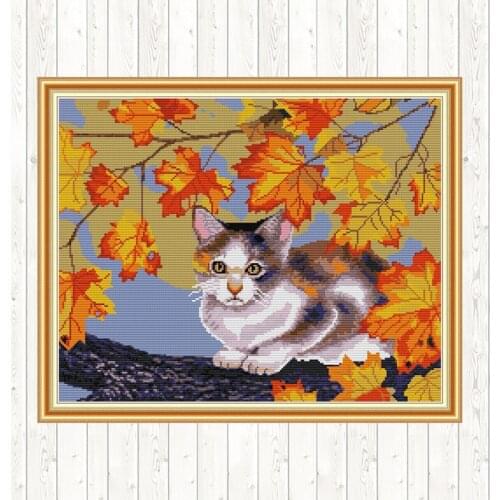 Joy Sunday Cross Stitch Cat Painting 14CT 11CT Printed Canvas for Embroidery Kit DMC DIY Hand Crafts for Needlework Home Decor