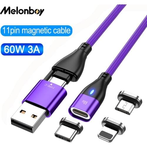 Melonboy 60W 3A USB C Cable Micro USB Phone Charging Cable Magnetic Cables For Laptop iPhone Xiaomi Samsung Fast Charging Cord