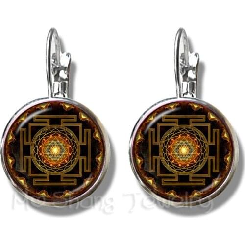 OM Yoga Classic Earrings Mandala Flower of Life 16mm Cabochon Glass Dome Silver Plated Stud Earrings For Women Girls Gift