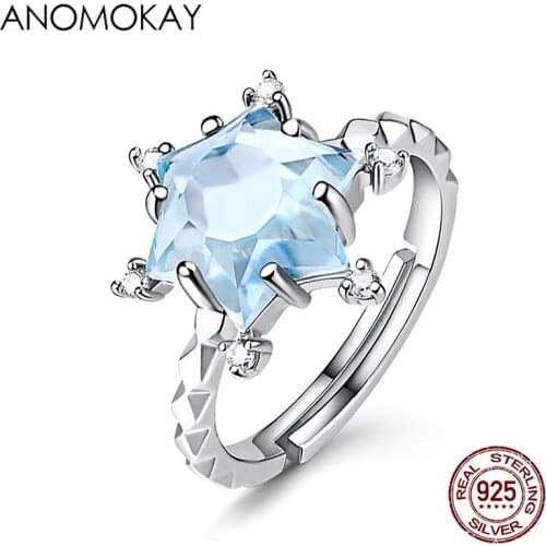 Anomokay Sparkling Star Blue Topaz Resizable Rings for Party Anniversary 100% 925 Sterling Silver Snowflake Rings for Women