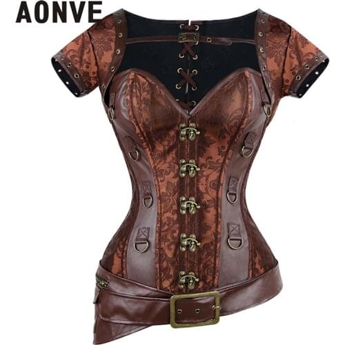 Aonve Women Steampunk Corset Vintage Brown Bustiers Plus Size 6XL Corserts Body Modeling Strap Goth Clothing Overbust Corsage