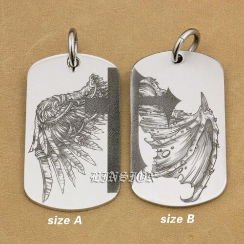 LINSION Solid 316L Stainless Steel Deep Laser Engraved Angel Wing Devil Wing 2 Sides Charms Pendant 9X221 JP