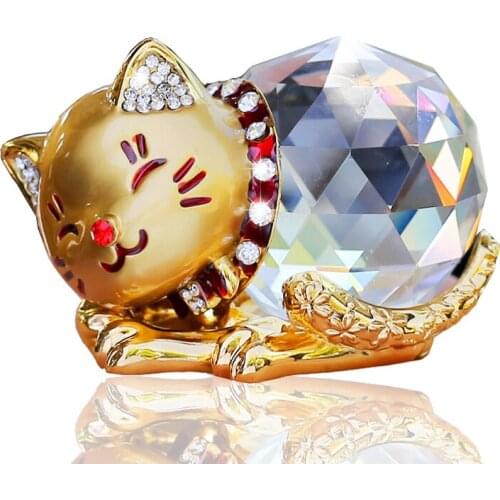 Cute Metal Crystal Cat Mascot Crafts Miniature Glass Souvenirs Animal Statue Lucky Cat Crystal Figurines Home Wedding Decor New