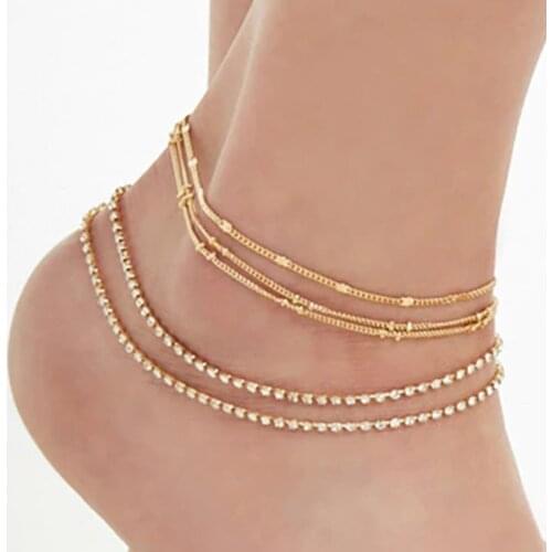 Fashion Ocean Beach Foot Jewelry Simple Level Metallic Rhinestone Beaded Anklets For Women Two Sets