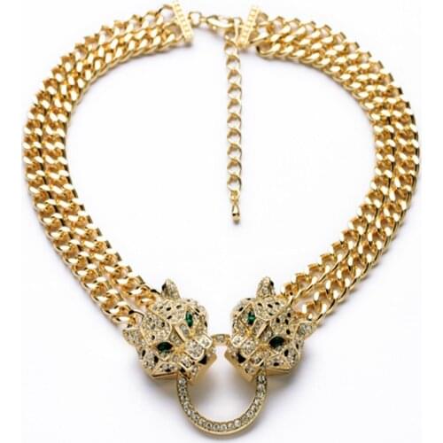 Fashion Jewelry Crystal Setting Chokers Necklace Double Layer Chain Leopard Head Pendant Necklace Women Gift Wholesale