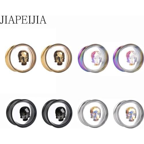 Crystal Skull Ear Tunnels Stretching Kit Steel Screwed Flesh Expander Earring Gauges Body Piercing Jewelry with Double Flared