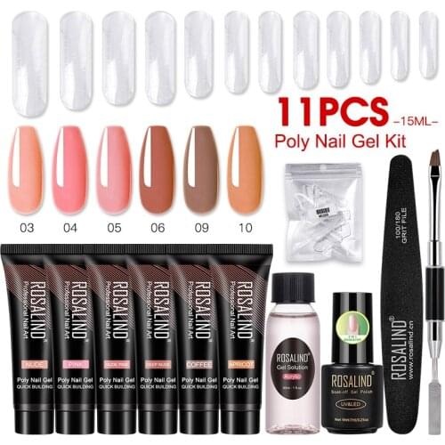 ROSALIND Poly Extension Nail Set With UV LED Lamp Dryer Kit Tools 6/11/14pcs Builder Gel Nail Polish Kit For Nail Art Design