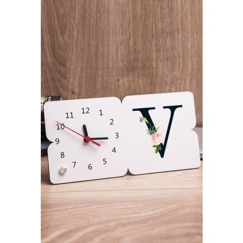 V Letter Flower Design Table Clock