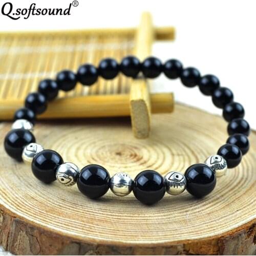 Natural Semi-precious Stone 6-8mm Black Beads Strand Bracelets Vintage Silver Septum Bead Ethnic Arts Handmade Jewelry QB10181