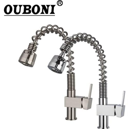 OUBONI AU Pull Out Spray Swivel Spout Chrome Brass Finish Deck Mounted Rotated Tap Kitchen Sink Faucet Polish Tap