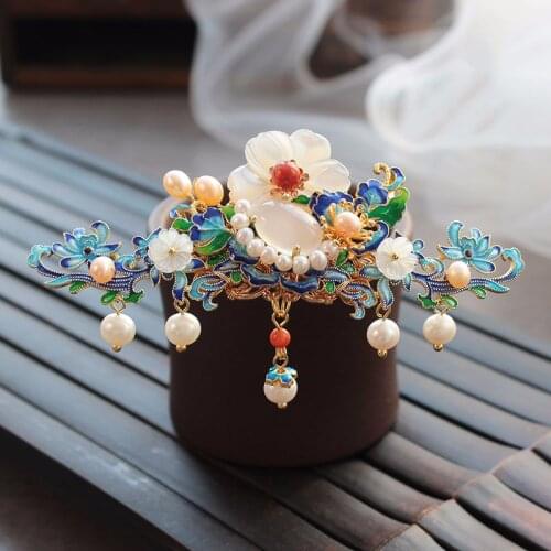 Blue Flower Hairpin Jewelry Freshwater Pearl Hair Stick Chinese Style Wedding Hair Accessories Luxury Handmade Hair Ornaments
