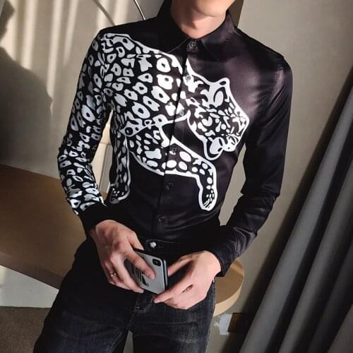 Slim Camisa Masculina Fit Club Party Prom Printed Mens Shirt Chemise Homme Fashion Animal Print Show Vintage Shirt Men