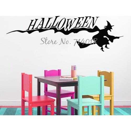 Happy Halloween Wall Decals Woman Witch on Broom Vinyl Wall Sticker for Living Room Kids Playroom Wall Tattoo Poster A997