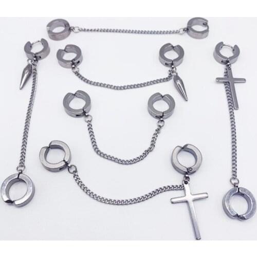 New Fashion Stainless Steel Chain Without Pierced Cross Ear Clip Trend Hip-hop Party Earrings Couple Earrings Punk Earrings