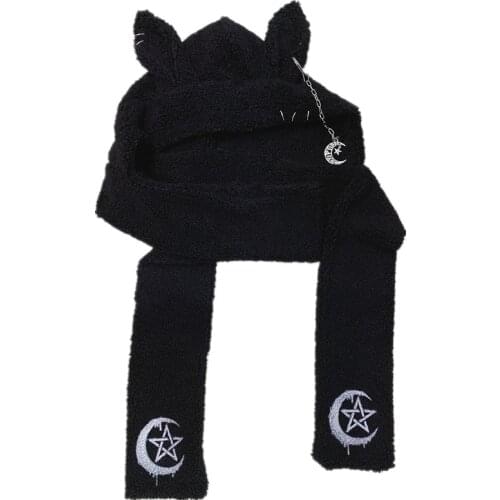 Ruibbit Hot Girl Punk Japanese Rabbit Ear Cap Chain Cross Headdress Scarf Plush Hooded Hat Winter Warm Windproof Scarf Woman