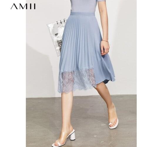 Amii Minimalism Summer Women Skirts Elegant Lace Patchwork Chiffon Skirts High Waist Irregular Pleated Skirt For Women 12130322