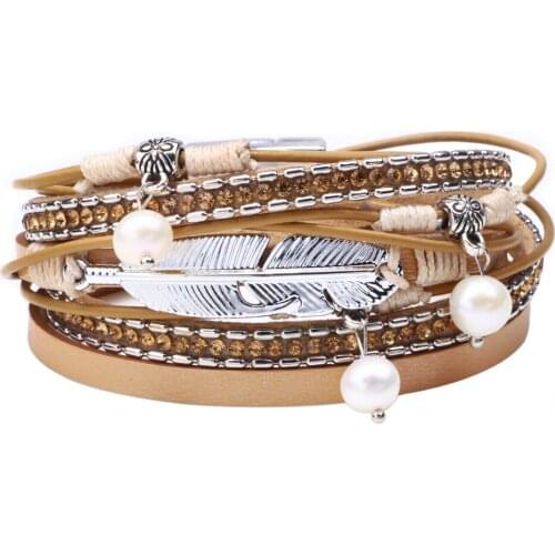 Pearl Girl Multilayer Feather Rhinestone Beads Charm Chain Link Brown Fashion Cuff Bangle Leather Bracelets Women Female Jewelry