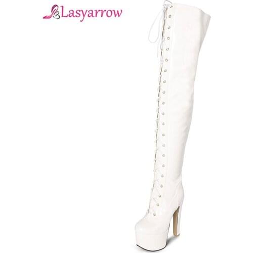 Lasyarrow Lady Ultra High Stiletto Heel Platform Warm Winter Thigh High Boots Women Lace up Party Night Club Pole Dancing Boots