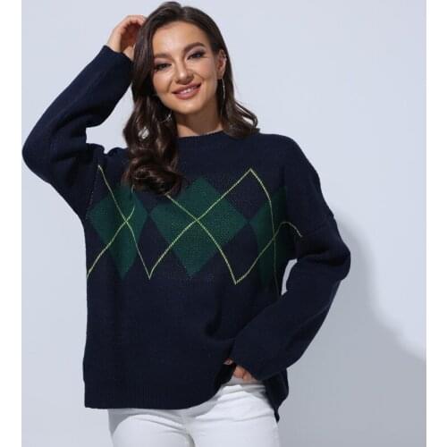 Preppy Style Cotton Argyle Women Knitted Sweaters Autumn Winter O-Neck Loose Casual Pullovers Wool All-match Warm Tops Sweaters