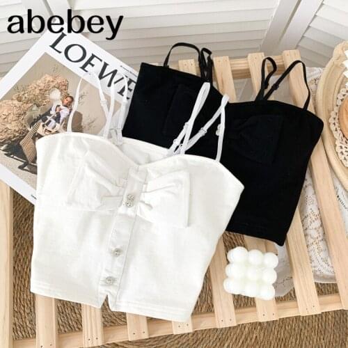 2021 New Summer Women Fashion All-match V-neck sleeveless sling Vest bow diamond button sling Vest Top