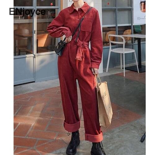Jumpsuit Women 2020 Winter Vintage Claret Corduroy Long Sleeve Jumpsuits with Belt Korean High Waist Overalls Playsuit Outfit