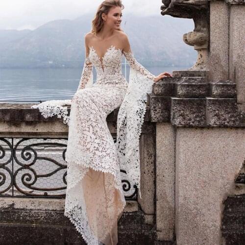 SODigne Lace Wedding Dresses Mermaid Flare Sleeves Princess Bride Dresses Elegant Design Wedding Gowns