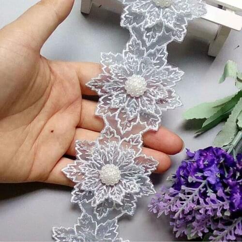 1 yard Blue Pearl Beaded Embroidered Flower Lace Ribbon Trim Floral Applique Patches Fabric Sewing Craft Vintage Wedding Dress