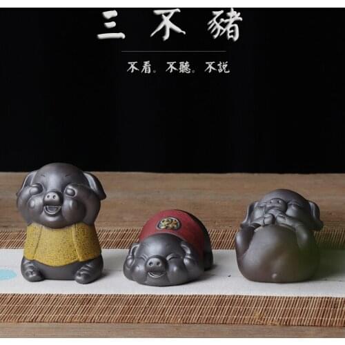3P # TOP COOL ART OFFICE home "NO see-NO Say-NO listen" lucky pig action art FENG SHUI porcelain ceramic Sculpture art statue