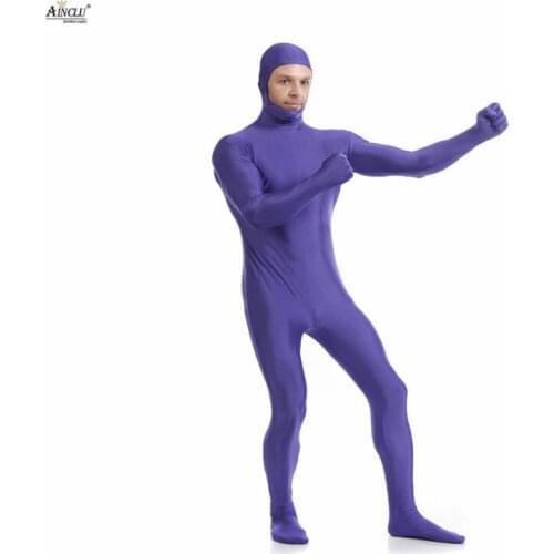 Ainclu Mens Spandex Nylon Zentai Purple Body Second Skin Tight Open Face Dancewear Costume Hallween Bodysuit for Adults