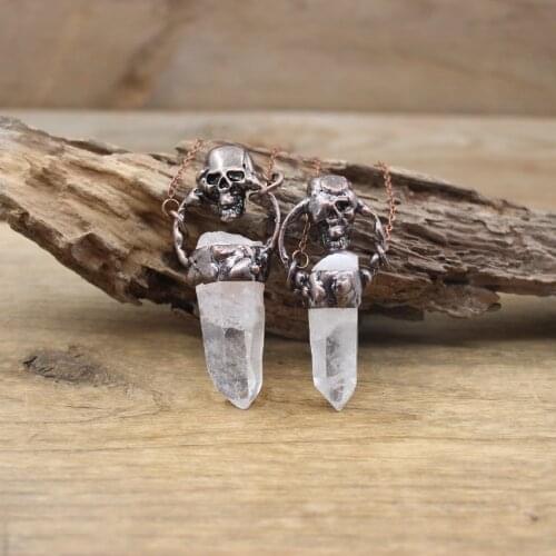 Skull Accessories Antique Copper Hoop Raw Crystal Point Pendants,BOHO Quartz Meditation Bronze Necklace Retro Jewelry,QC3060