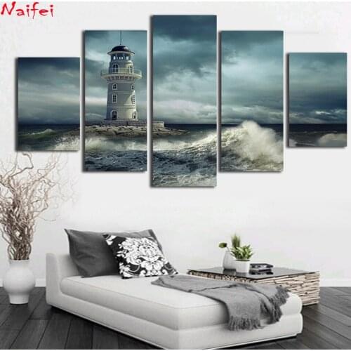 5D DIY Diamond Painting 5 Pieces Lighthouse Cloudy Rough Wave Seascape Home Decor Diamond Embroidery Diamond Sales Needlework