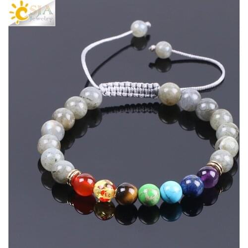 CSJA Weaving 7 Chakra Bracelets Reiki Yoga Natural Stones Spectrolite Labradorite Adjustable Rope Bangles Women Men Pulsera F090