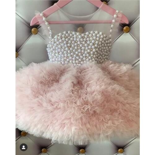 Kid girls pearl beading pink birthday party dresses gowns luxury girls celebration sleeveless puffy ruffles dresses gowns custom