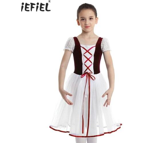 Kids Girls Ballet Dress Dancewear Velvet Mesh Short Bubble Sleeves Gymnastics Leotard Girls Ballerina Ballet Dance Tutu Dress