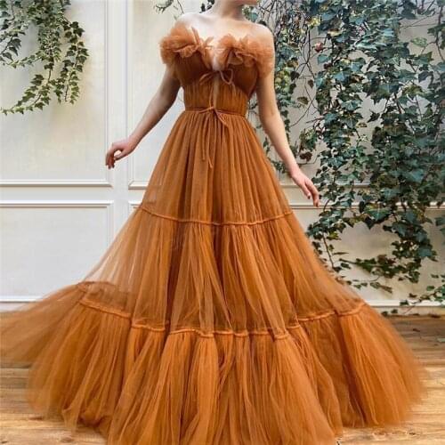 Robes Dubai Tulle Evening Dresses Strapless Prom Dress 2021 Abendkleider Custom Made Women Party Gowns For Weddings Vestidos