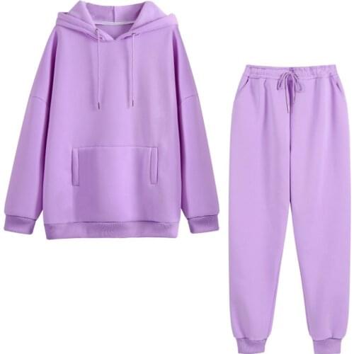 Two Pieces Set Fleece Tracksuits Autumn Winter Casual Outfits Women Hooded Oversized Sweatshirt Pants Solid Color Hoodie Suits