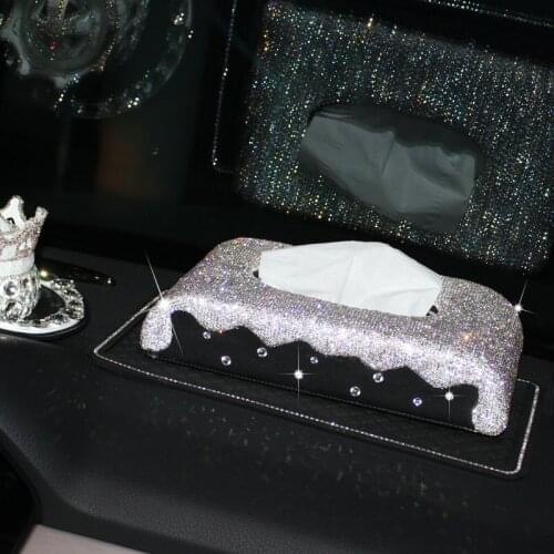 Shiny Carmounted Crystal Diamonds Tissue Box PU Leather Tray Napkin Wipe Holder With Antislip Mat Home Car Inside Decoration