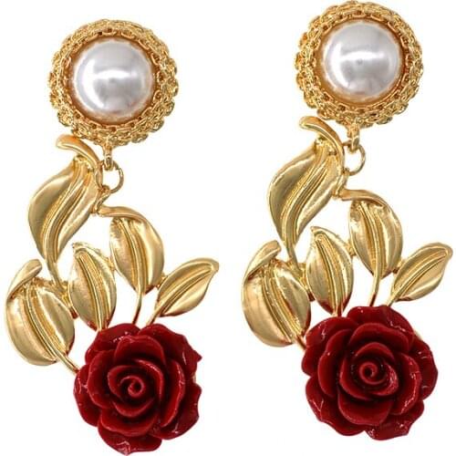 Handmade fashion new women brand earrings elegant pearl rose flower earrings summer fresh and lovely drop jewelry gift