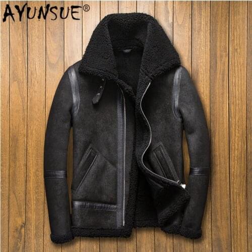 AYUNSUE Mens Real Leather Jacket Short Winter Coat Men Genuine Leather Jacket Shearling Vintage Motorcycle Jackets 5265 KJ3291