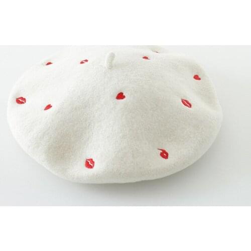 New style spring 100% Warm Wool Winter red heart embroidery Women Beret Hat For Sweet Girl Gift Autumn Springhats