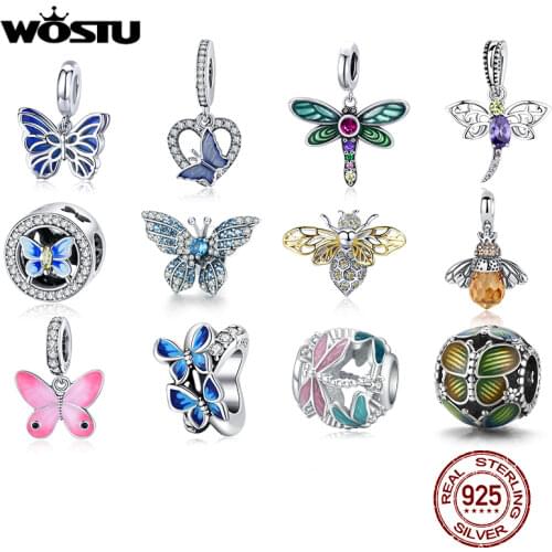 WOSTU Honey Bee Honeycomb Charms 925 Sterling Silver Butterfly Dragonfly Enamel Zircon Beads Pendant DIY Bracelet Jewelry Making