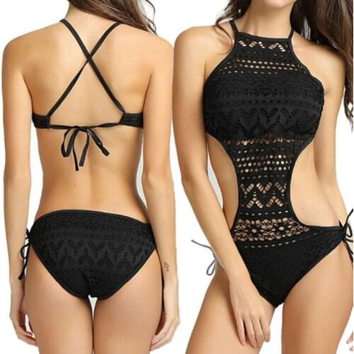 Sexy Womens Monokini Hollow Out Lace Swimsuit Backless Halter Bodysuit Bikini Suit Push-Up Swimwear Solid Beachwear One Piece