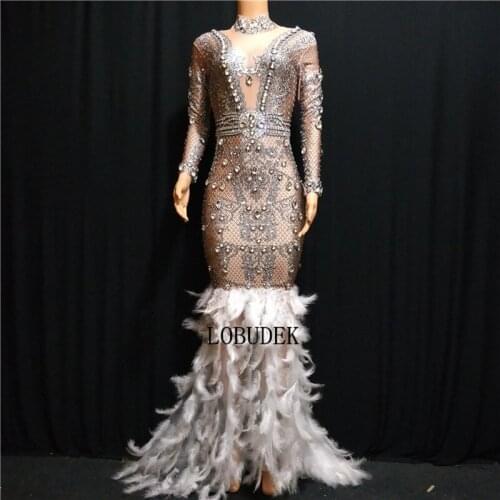 Silver Rhinestones Long Sleeve White Feather Tail Dress Women Birthday Celebration Evening Party Dress Singer Crystal Long Dress