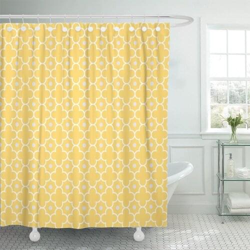 Teal Clover Traditional Quatrefoil Lattice Pattern Yellow Abstract Shower Curtain Polyester 60 x 72 inches Set with Hooks
