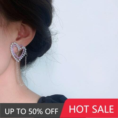 Hollow Love Long Tassel Earring for Women Gentle Sweet Elegant Stud Earrings Female Pearl Zircon Ear Studs Delicate Club Jewelry