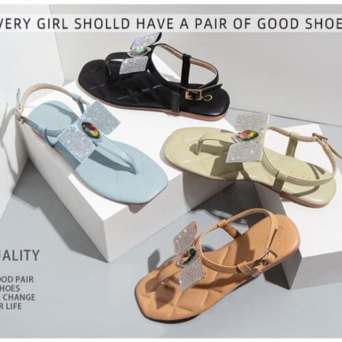 2021 Summer Hot Sale New Style Outdoor Comfortable Shoes Woman Blingbling Bowknot Flat Flip Flops Beach Flat Sandals 106004