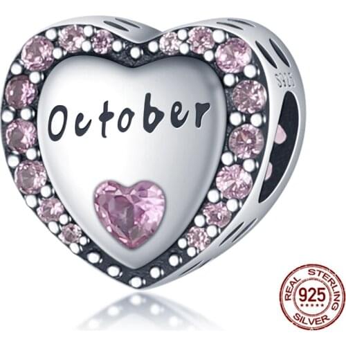 100% Real 925 Sterling Silver Light Purple October Heart Shape Beads Fit Original 3mm Bracelet&Bangle Women Fashion Jewelry Gift