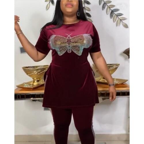 HAOOHU corduroy 2 Piece Set Women African Clothes Spring 2021 Butterfly sequin Plus Size Women Set Top Sweatshirt+Jogger Pants