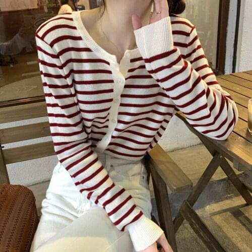 Autumn Knitted Cardigan Sweater Ladies Fashion Long Sleeve Tops Single Breasted Stripe Streetwear Basic Loose Wild Female Coat