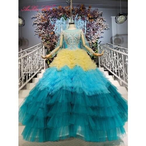 AnXin SH Luxury princess flower yellow and blue lace o neck beading crystal illusion long sleeve wedding dress 100% real photo